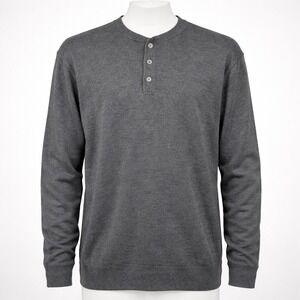 BONOBOS Mens Slim Fit Gray Long Sleeve Henley Linen Cotton L Preppy Casual